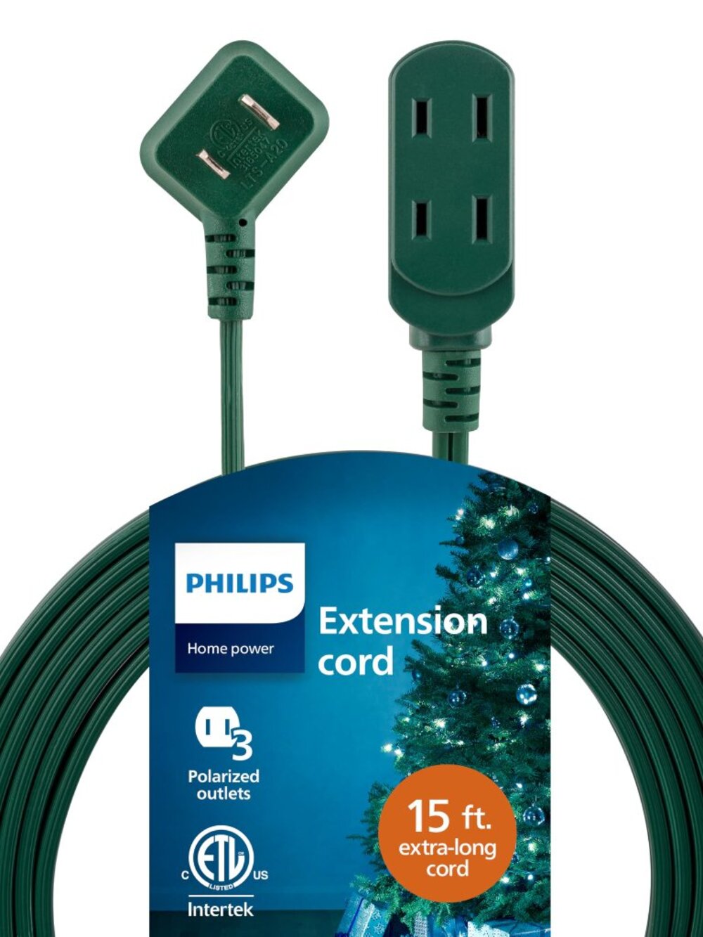Philips Extension Cord, 15 Ft, 3-Outlet Flat Plug Extension Cord-NWT